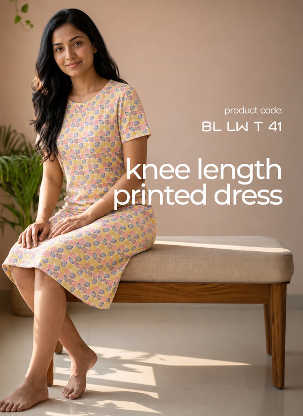 BL LW T 41 - Casual Above-Knee Length Round Neck Printed Cotton Spandex Dress