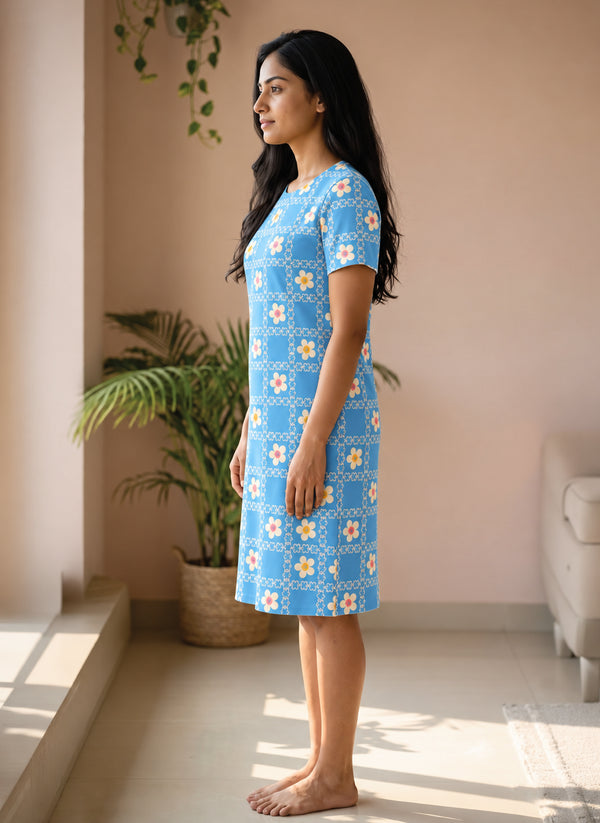 BL LW T 41 - Casual Above-Knee Length Round Neck Printed Cotton Spandex Dress