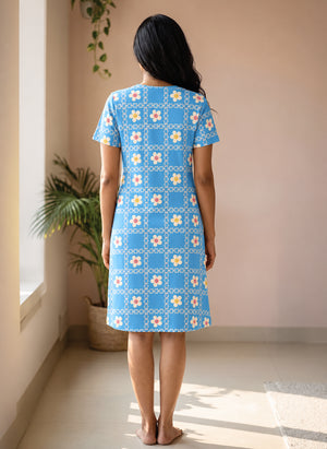 BL LW T 41 - Casual Above-Knee Length Round Neck Printed Cotton Spandex Dress