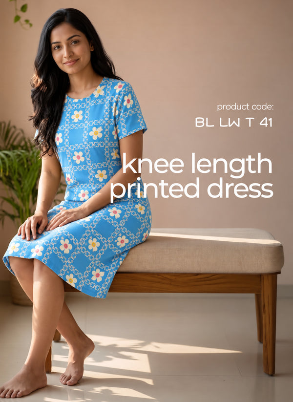 BL LW T 41 - Casual Above-Knee Length Round Neck Printed Cotton Spandex Dress