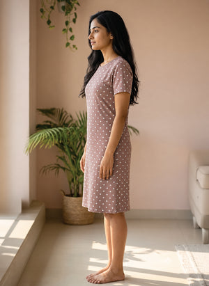 BL LW T 41 - Casual Above-Knee Length Round Neck Printed Cotton Spandex Dress