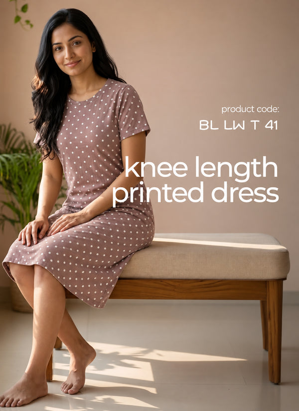 BL LW T 41 - Casual Above-Knee Length Round Neck Printed Cotton Spandex Dress