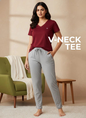Buy_Blossom_V_Neck_Tee_cotton_versatile_half_sleeve_Beetroot-Melange