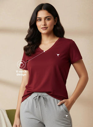 Buy_Blossom_V_Neck_Tee_cotton_versatile_half_sleeve_Beetroot-Melange