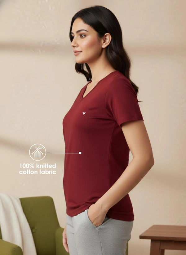 Buy_Blossom_V_Neck_Tee_cotton_versatile_half_sleeve_Beetroot-Melange