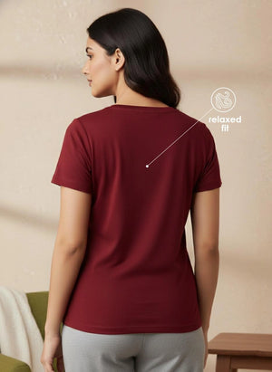 Buy_Blossom_V_Neck_Tee_cotton_versatile_half_sleeve_Beetroot-Melange