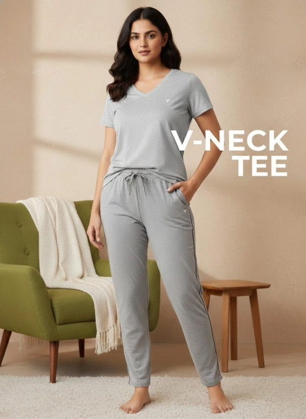 Buy_Blossom_V_Neck_Tee_cotton_versatile_half_sleeve_Grey-Melange