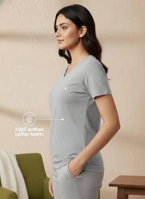 Buy_Blossom_V_Neck_Tee_cotton_versatile_half_sleeve_Grey-Melange
