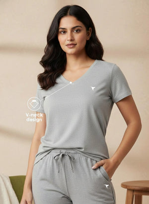 Buy_Blossom_V_Neck_Tee_cotton_versatile_half_sleeve_Grey-Melange