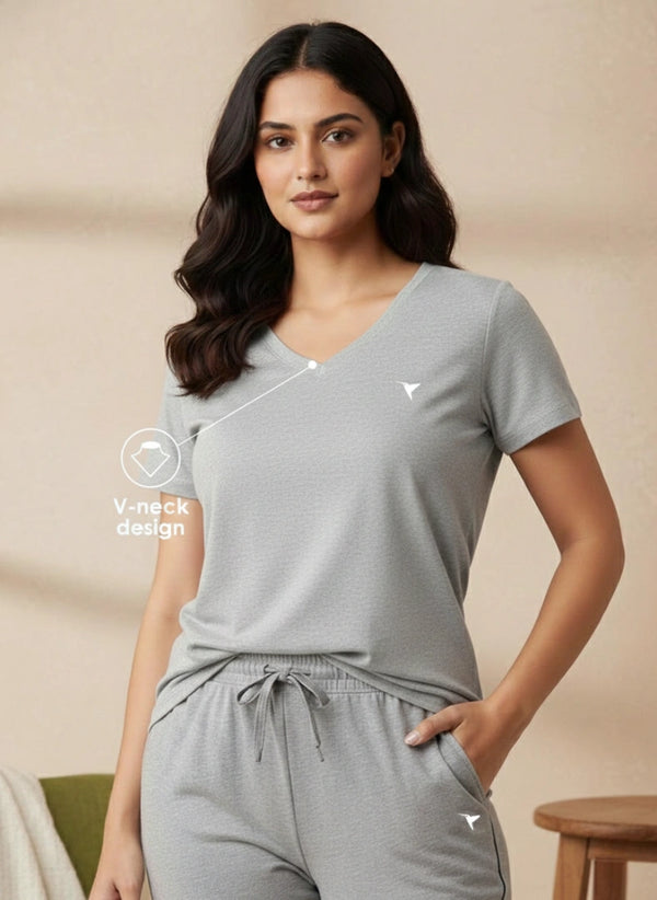 Buy_Blossom_V_Neck_Tee_cotton_versatile_half_sleeve_Grey-Melange