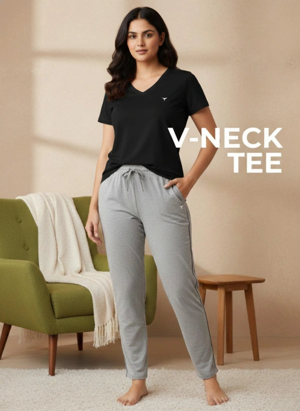 Buy_Blossom_V_Neck_Tee_cotton_versatile_half_sleeve_Jet-Black