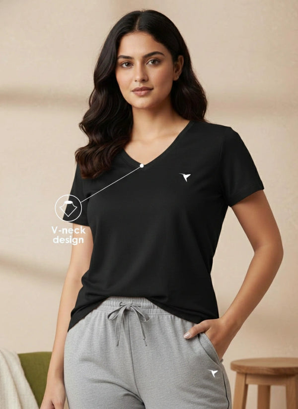 Buy_Blossom_V_Neck_Tee_cotton_versatile_half_sleeve_Jet-Black-