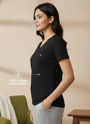 Buy_Blossom_V_Neck_Tee_cotton_versatile_half_sleeve_Jet-Black