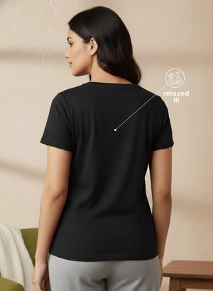 Buy_Blossom_V_Neck_Tee_cotton_versatile_half_sleeve_Jet-Black