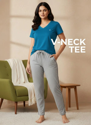 Buy_Blossom_V_Neck_Tee_cotton_versatile_half_sleeve_Peackock-Melange
