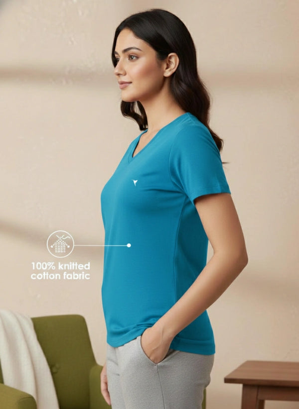 Buy_Blossom_V_Neck_Tee_cotton_versatile_half_sleeve_Peackock-Melange