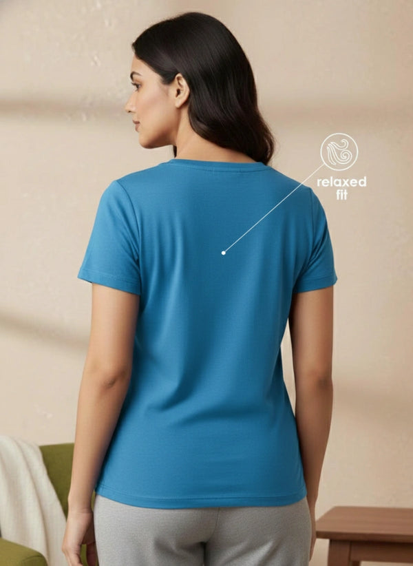 Buy_Blossom_V_Neck_Tee_cotton_versatile_half_sleeve_Peackock-Melange