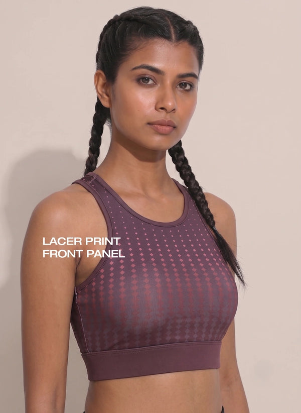 BL AL S 22 - High Coverage Racerback Sports Bra with Laser Print Front Panel, Sweat-Wicking Fabric, Wide Support Band & Bounce-Control Comfort for Active and Daily Wear