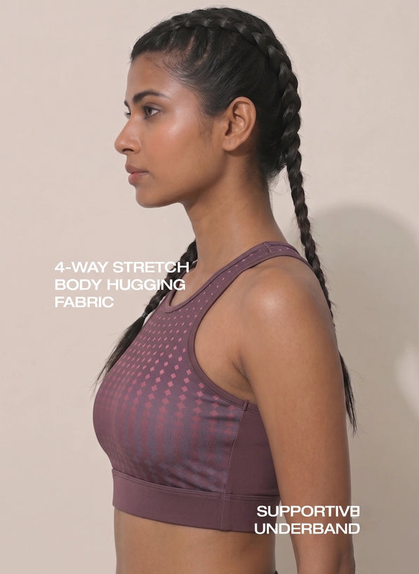 BL AL S 22 - High Coverage Racerback Sports Bra with Laser Print Front Panel, Sweat-Wicking Fabric, Wide Support Band & Bounce-Control Comfort for Active and Daily Wear