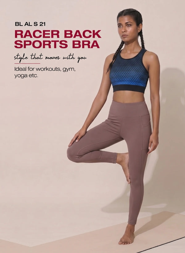 BL AL S 22 - High Coverage Racerback Sports Bra with Laser Print Front Panel, Sweat-Wicking Fabric, Wide Support Band & Bounce-Control Comfort for Active and Daily Wear
