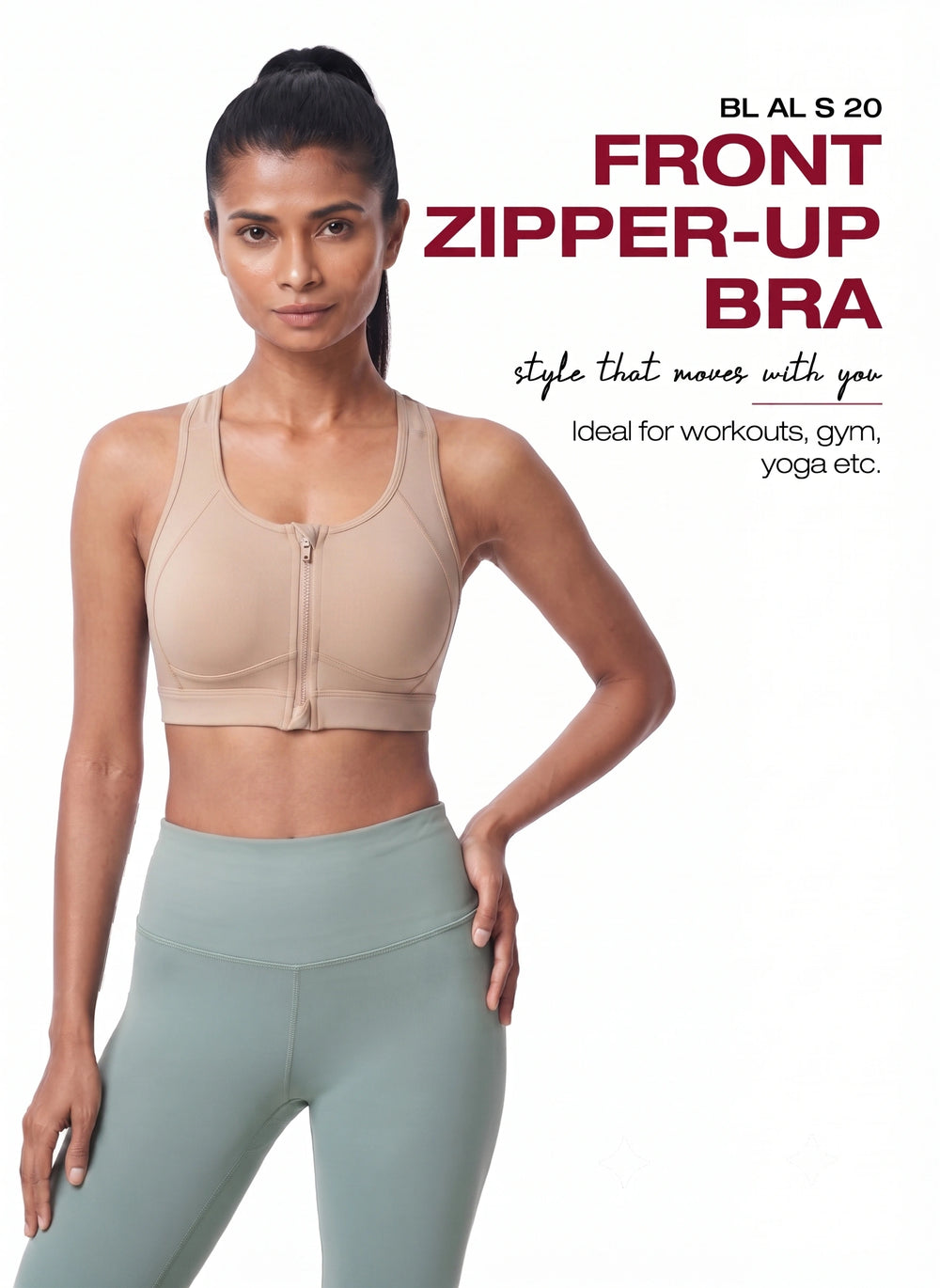 BL AL S 20 - Medium-Impact Front Zip Sports Bra with Racerback & Adjustable Hook Closure