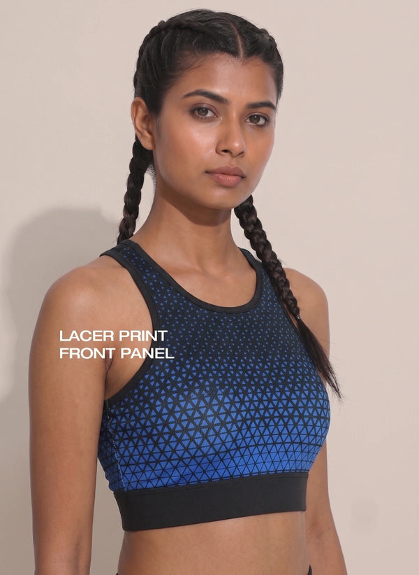 BL AL S 22 - High Coverage Racerback Sports Bra with Laser Print Front Panel, Sweat-Wicking Fabric, Wide Support Band & Bounce-Control Comfort for Active and Daily Wear