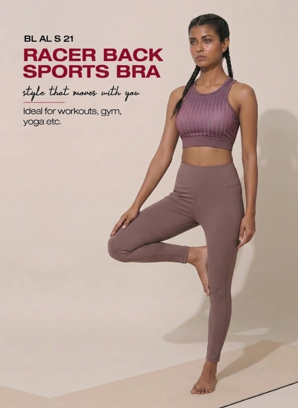 BL AL S 22 - High Coverage Racerback Sports Bra with Laser Print Front Panel, Sweat-Wicking Fabric, Wide Support Band & Bounce-Control Comfort for Active and Daily Wear
