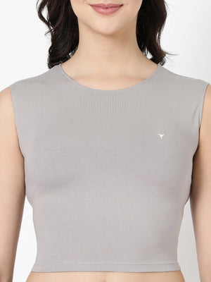 Tank Top - Cropped Cotton Blend With Round Neckline