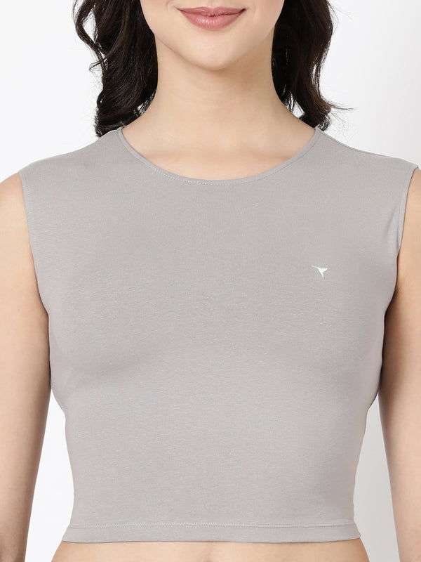 Tank Top - Cropped Cotton Blend With Round Neckline