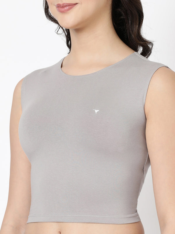 Tank Top - Cropped Cotton Blend With Round Neckline