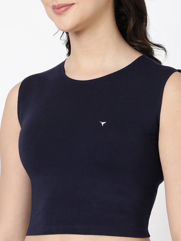 Tank Top - Cropped Cotton Blend With Round Neckline
