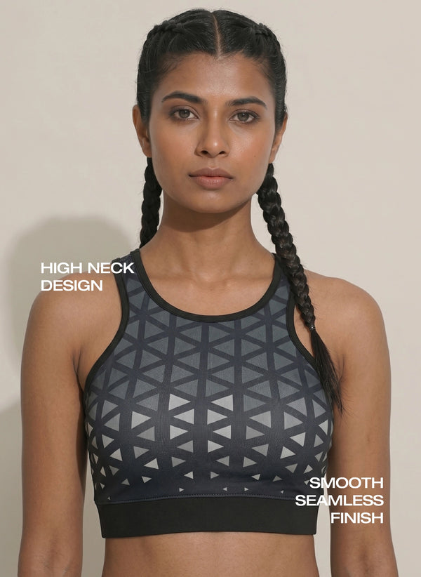 BL AL S 22 - High Coverage Racerback Sports Bra with Laser Print Front Panel, Sweat-Wicking Fabric, Wide Support Band & Bounce-Control Comfort for Active and Daily Wear