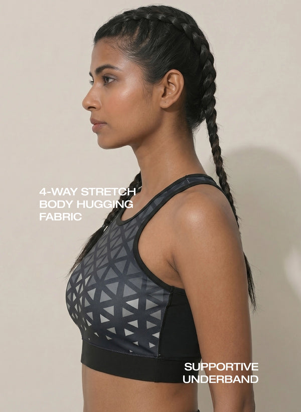 BL AL S 22 - High Coverage Racerback Sports Bra with Laser Print Front Panel, Sweat-Wicking Fabric, Wide Support Band & Bounce-Control Comfort for Active and Daily Wear