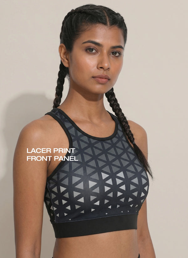 BL AL S 22 - High Coverage Racerback Sports Bra with Laser Print Front Panel, Sweat-Wicking Fabric, Wide Support Band & Bounce-Control Comfort for Active and Daily Wear