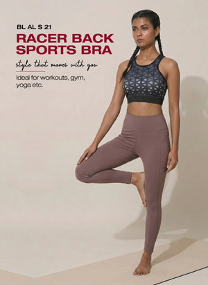 BL AL S 22 - High Coverage Racerback Sports Bra with Laser Print Front Panel, Sweat-Wicking Fabric, Wide Support Band & Bounce-Control Comfort for Active and Daily Wear