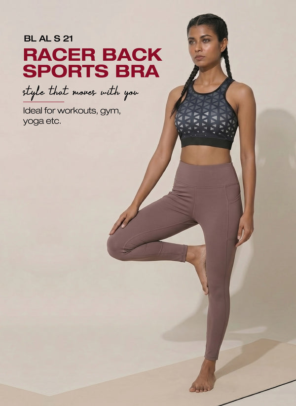 BL AL S 22 - High Coverage Racerback Sports Bra with Laser Print Front Panel, Sweat-Wicking Fabric, Wide Support Band & Bounce-Control Comfort for Active and Daily Wear