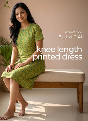 BL LW T 41 - Casual Above-Knee Length Round Neck Printed Cotton Spandex Dress