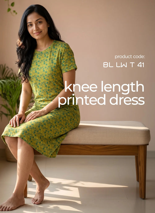 BL LW T 41 - Casual Above-Knee Length Round Neck Printed Cotton Spandex Dress
