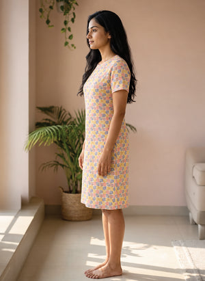 BL LW T 41 - Casual Above-Knee Length Round Neck Printed Cotton Spandex Dress